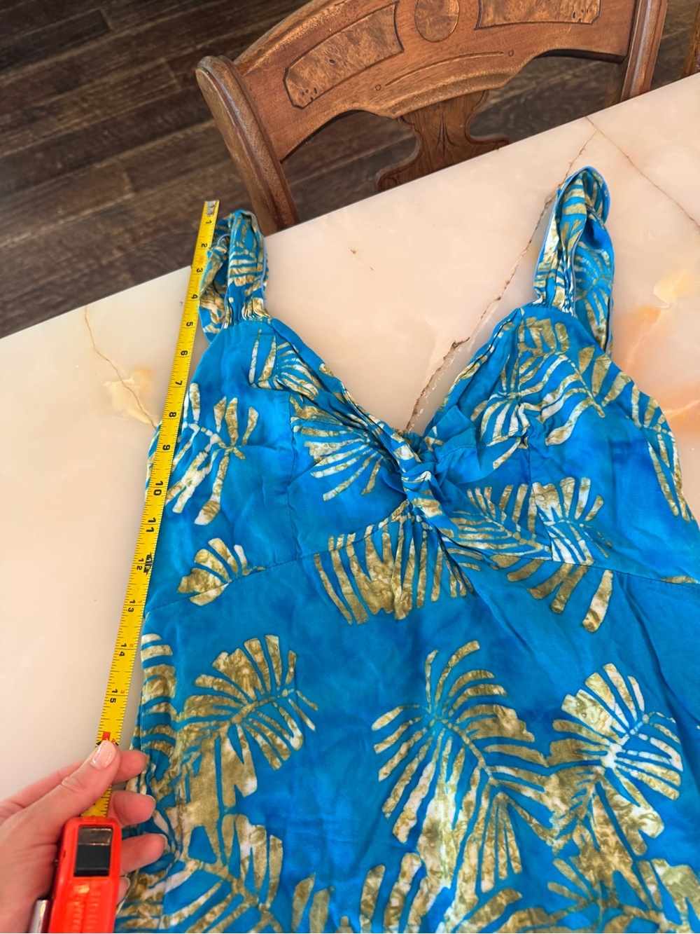 Vintage Turquoise Dress with Gold Leaf Print - Picture 7 of 8